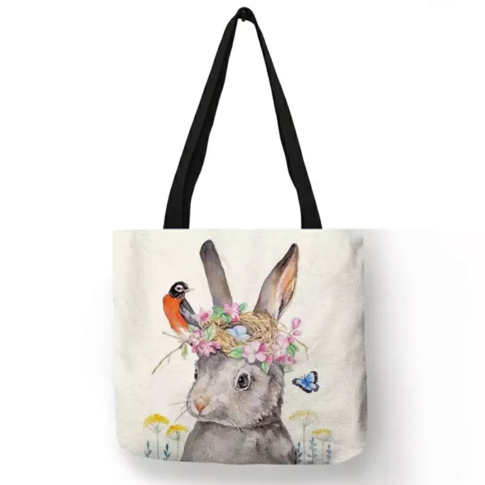 Eco-Friendly Whimsical Bunny with Birds Nest Crown Folding Tote Bag